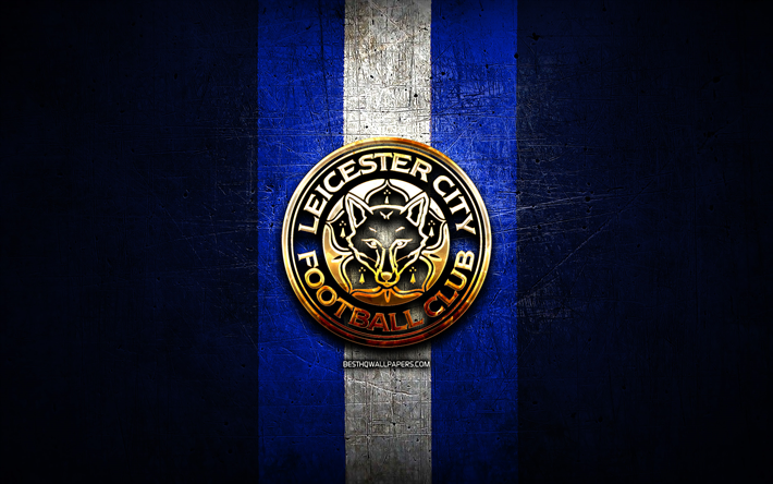leicester city fc, golden logo, premier league, blau metall-hintergrund, fu&#223;ball, leicester city, english football club, logo, fussball, england
