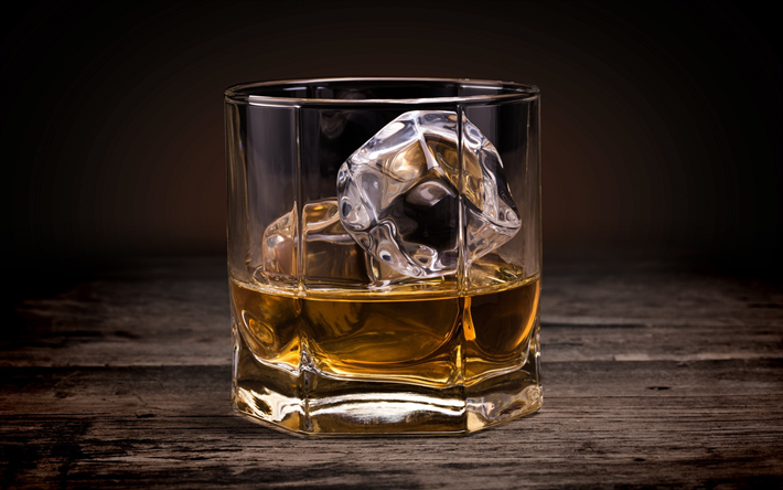 Whiskey with ice, glass cup, ice cubes, wooden table, Whiskey