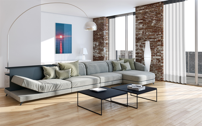 living room, modern interior design, loft style, brown brick walls, living room project, modern interior