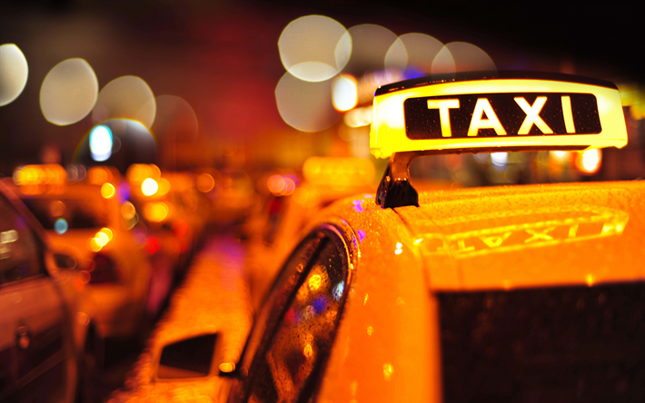 Taxi, evening, taxi cars, Taxi yellow sign, taxi concepts, night