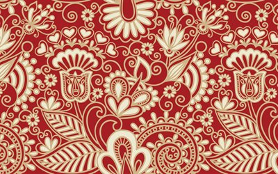 red paisley background, 4k, floral patterns, background with flowers, red floral background, paisley patterns