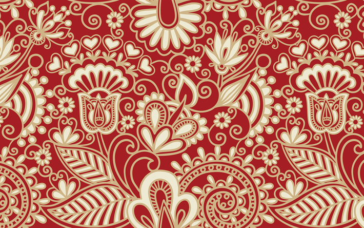 rojo paisley fondo, 4k, estampados de flores, fondo con flores, el rojo floral de fondo, paisley patrones