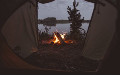 bonfire, evening, sunset, view from the tent, campfire, mood concepts, travel concepts