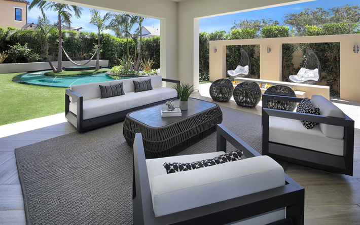 gris meubles de terrasse, terrasse du projet, le pays l&#39;int&#233;rieur de la maison, pelouse verte dans le jardin, terrasse