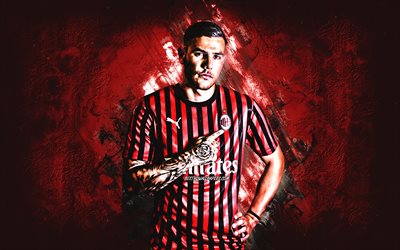 Theo Hernandez, AC Milan, French football player, portrait, red stone background, Serie A, Italy, football