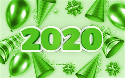Happy New Year, 2020, green 2020 background, 2020 concepts, 2020 green 3d art, 2020 green christmas background, 2020 green balloons background, 2020 new year