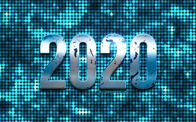 Blue 2020 metal background, blue dot background, 2020 New Year, 2020 concepts, Happy New Year 2020, creative art, blue metal letters, 2020 Neon Background