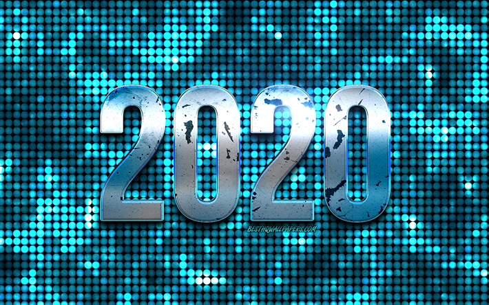 Azul 2020 metal de fondo, de punto azul de fondo, 2020 de A&#241;o Nuevo, el a&#241;o 2020 conceptos, Feliz Nuevo A&#241;o 2020, creativo, arte, azul letras de metal, 2020 de Ne&#243;n de Fondo