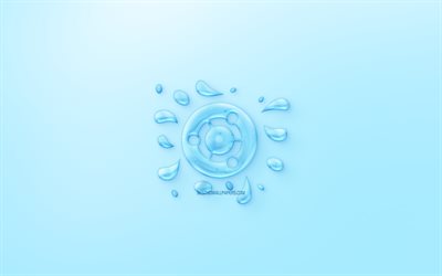 Ubuntu logo, water logo, emblem, blue background, Ubuntu logo made of water, creative art, Debian, Linux, water concepts, Ubuntu