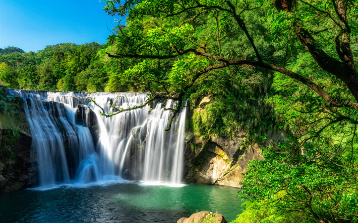 waterfall, forest, summer, lake, beautiful waterfall, green trees, Taiwan