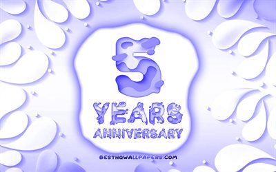 5周年記念, 4k, 3D花びらのフレーム, 周年記念の概念, 青色の背景, 3D文字, 5周年記念サイン, 作品