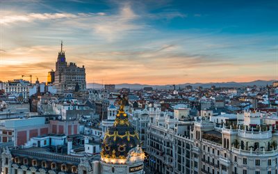 4k, Madrid, Gran Via, cityscapes, spanish cities, Madrid at evening, Spain, sunset, Madrid skyline, Cities of Spain