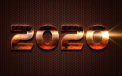 2020 Yeni yılınız kutlu olsun, Bronz arka plan 2020, 2020 metal arka plan, 2020 kavramlar, metal mesh dokusu, 2020 Yeni Yıl, Bronz arka plan