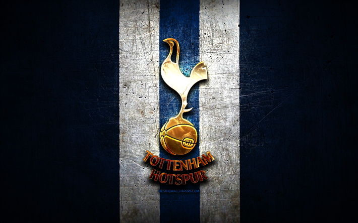 Tottenham Hotspur FC, kultainen logo, Premier League, sininen metalli tausta, jalkapallo, Tottenham Hotspur, englannin football club, Tottenham Hotspur-logo, Englanti