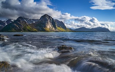 Lofoten, mare di norvegia, costa, paesaggio di montagna, onde, mare, Norvegia