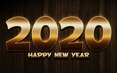 2020 metal art, wooden background, Happy New Year 2020, creative, 2020 concepts, golden digits, 2020 golden glitter digits, 2020 on wooden background, 2020 year digits