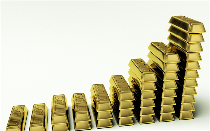 Gold pris &#246;kar, guld bullion diagram, guld begrepp, 3d-guld barer, vit bakgrund, begreppet finans, inl&#229;ning begrepp