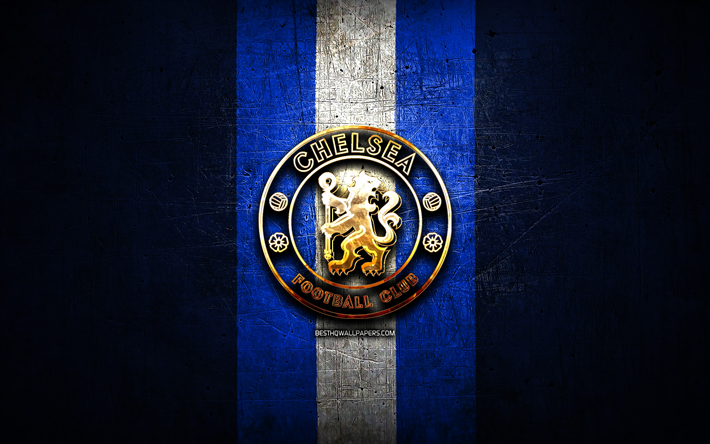 der fc chelsea, golden logo, premier league, blau metall-hintergrund, fu&#223;ball, chelsea, english football club, chelsea logo, fussball, england