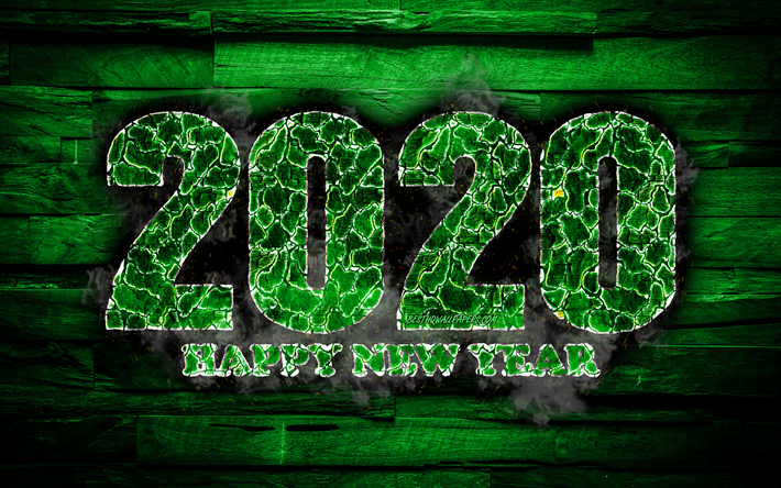 2020 green fiery digits, 4k, Happy New Year 2020, green wooden background, 2020 fire art, 2020 concepts, 2020 year digits, 2020 on green background, New Year 2020