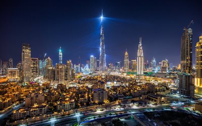 Dubai, Burj Khalifa, y&#246;, pilvenpiirt&#228;ji&#228;, Yhdistyneet Arabiemiirikunnat, moderni arkkitehtuuri, metropoli, UAE