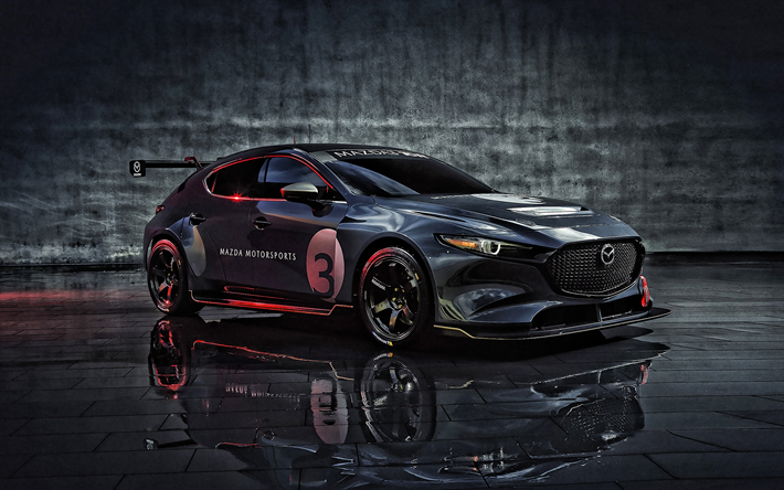 2020, Mazda 3 TCR, vista de frente, exterior, coche de carreras, tuning Mazda 3, color gris, hatchback japon&#233;s de autom&#243;viles Mazda