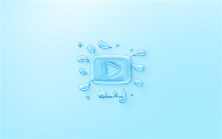 YouTube logo, water logo, emblem, blue background, YouTube logo made of water, creative art, water concepts, YouTube