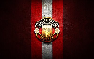Manchester United FC, golden logo, Premier League, red metal background, football, Manchester United, english football club, Manchester United logo, soccer, England, Man United