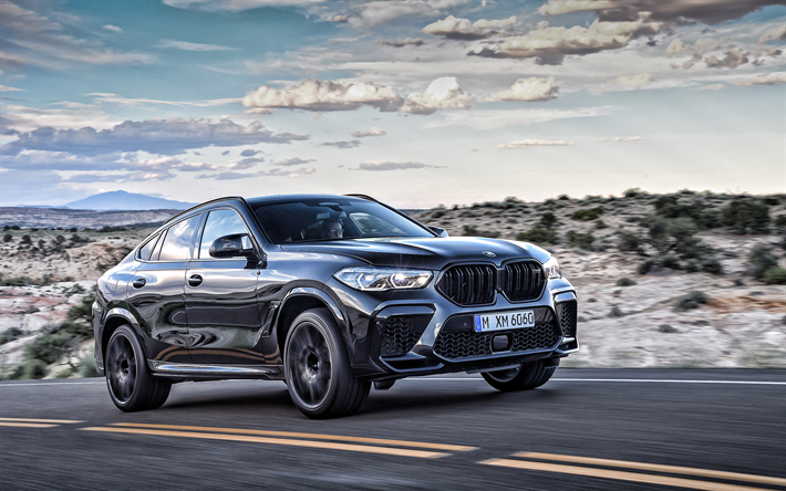 BMW X6 M Competizione, 2020, 4k, vista frontale, esterno, sportiva, SUV, nero nuovo X6, tuning X6, auto tedesche, BMW