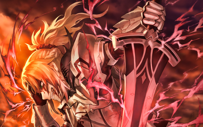 Red Saber, 3D art, Fate Apocrypha, Saber of Red, lightings, Fate Grand Order, manga, sword, Fate Series, TYPE-MOON