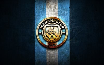 manchester city fc, golden logo, premier league, blau metall-hintergrund, fu&#223;ball, manchester city, den englischen fu&#223;ball club manchester city logo, england, man city