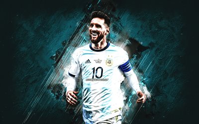 Lionel Messi, portre, Arjantin Milli Futbol Takımı, mavi yaratıcı arka plan, Leo Messi, futbol, d&#252;nya futbol yıldızı, Arjantin