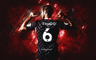 Thiago Alcantara, spanish football player, Liverpool FC, red stone background, new uniform of Liverpool FC, football