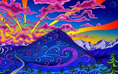 abstrakti kes&#228;maisema, auringonlasku, auringons&#228;teet, vuoret, abstraktit luontotaustat, abstraktit vuoristomaisemat, taideteokset, abstrakti maisema