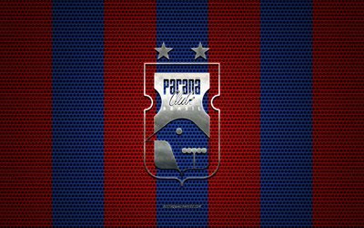 Logotipo de Parana Clube, club de f&#250;tbol brasile&#241;o, emblema de metal, fondo de malla de metal rojo azul, Paran&#225; Clube, Serie B, Paran&#225;, Brasil, f&#250;tbol