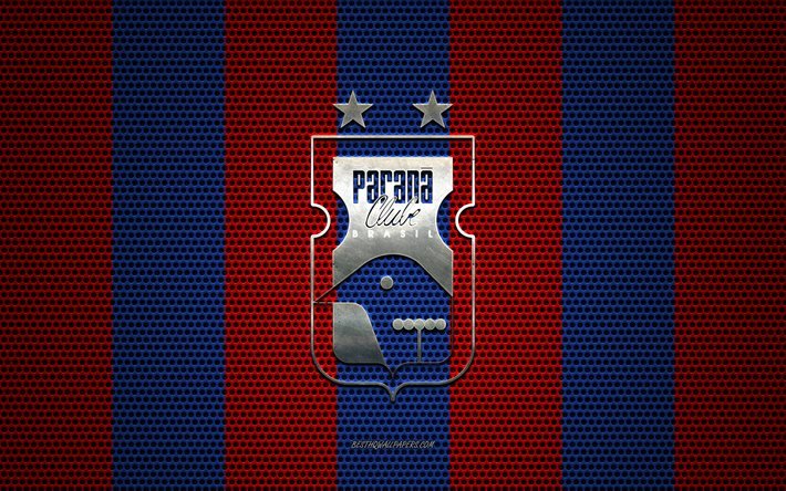 Logo Parana Clube, club di calcio brasiliano, emblema in metallo, sfondo in maglia rosso blu, Parana Clube, Serie B, Parana, Brasile, calcio