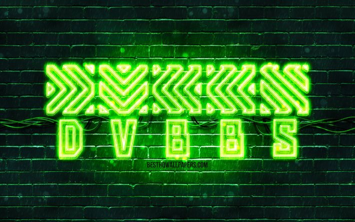 DVBBS グリーン ロゴ, 4k, クリス・クロニクルズ, アレックスアンドレ, 緑のブリックウォール, DVBBSロゴ, カナダの有名人, DVBBSネオンロゴ, DVBBS