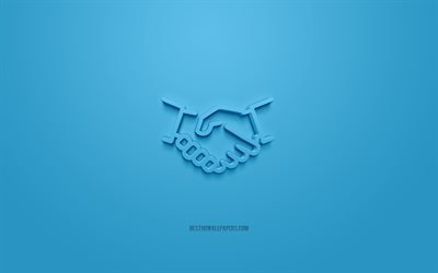 handshake 3d symbol, blauer hintergrund, 3d-symbole, handshake, kreative 3d-kunst, handshake-zeichen, business 3d-symbole, partnerschaft 3d-symbol