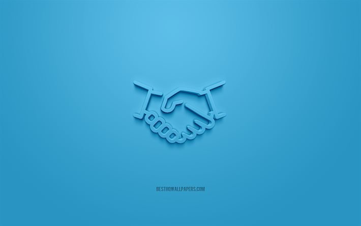 handshake 3d symbol, blauer hintergrund, 3d-symbole, handshake, kreative 3d-kunst, handshake-zeichen, business 3d-symbole, partnerschaft 3d-symbol