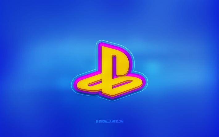 Logo 3d PlayStation, fond bleu, PlayStation, logo multicolore, logo PlayStation, embl&#232;me 3d