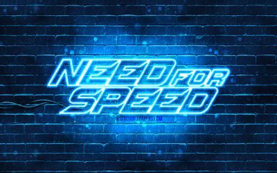 スピードブルーのロゴが必要, 4k, 青いブリックウォール, NFS, 2020ゲーム, ニードフォースピードのロゴ, NFSネオンロゴ, ニード・フォー・スピード