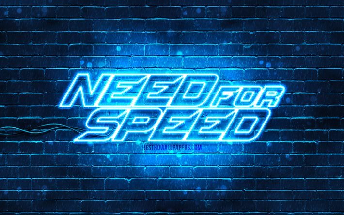 Need for Speed logo bleu, 4k, brickwall bleu, NFS, jeux 2020, logo Need for Speed, logo n&#233;on NFS, Need for Speed