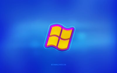 Windows3dロゴ, 青い背景, Windows, 色とりどりのロゴ, Windowsロゴ, 3Dエンブレム