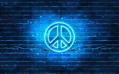 Sinal de paz azul, 4k, parede de tijolos azul, S&#237;mbolo da paz, criativo, Sinal de n&#233;on da paz, Sinal da paz, Paz