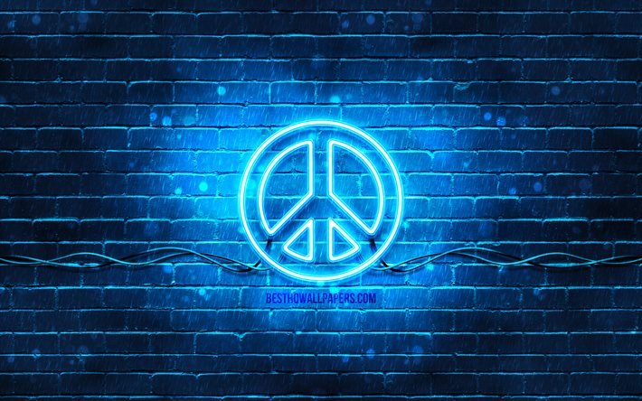 Peace blue sign, 4k, blue brickwall, Peace symbol, creative, Peace neon sign, Peace sign, Peace