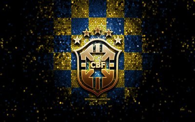 Brazilian football team, glitter logo, Conmebol, South America, blue yellow checkered background, mosaic art, soccer, Brazil National Football Team, CBF logo, football, Brazil