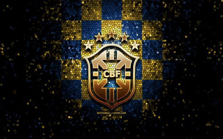 brasilianische fu&#223;ballmannschaft, glitzer-logo, conmebol, s&#252;damerika, blau-gelb karierter hintergrund, mosaikkunst, fu&#223;ball, brasilianische fu&#223;ballnationalmannschaft, cbf-logo, brasilien