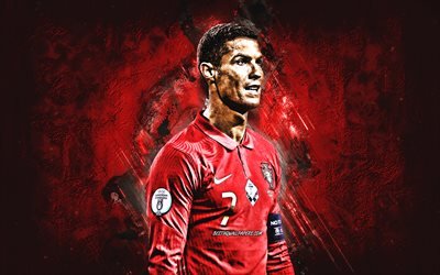 Cristiano Ronaldo, CR7, Portugalin jalkapallomaajoukkue, muotokuva, punainen kivi tausta, Portugali, jalkapallo