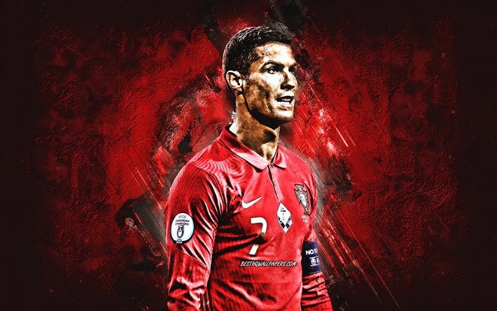 Cristiano Ronaldo, CR7, Sele&#231;&#227;o Portuguesa de Futebol, retrato, fundo de pedra vermelha, Portugal, futebol