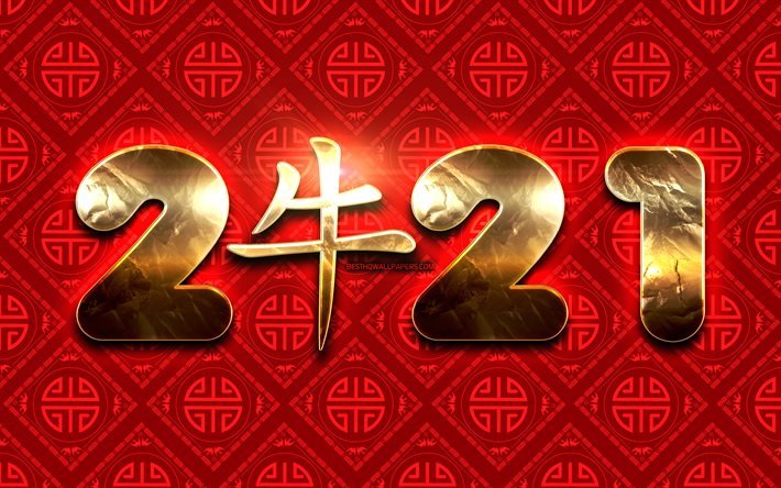 2021 golden digits, 4k, Ox zodiac sign, 2021 New Year, red chinese background, year of the Ox, Happy New Year 2021, 2021 concepts, 2021 with Ox sign, Chinese calendar, 2021 on red background, 2021 year digits