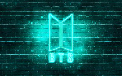 Logotipo BTS turquesa, 4k, Bangtan Boys, parede de tijolos turquesa, logotipo BTS, banda coreana, logotipo BTS neon, BTS